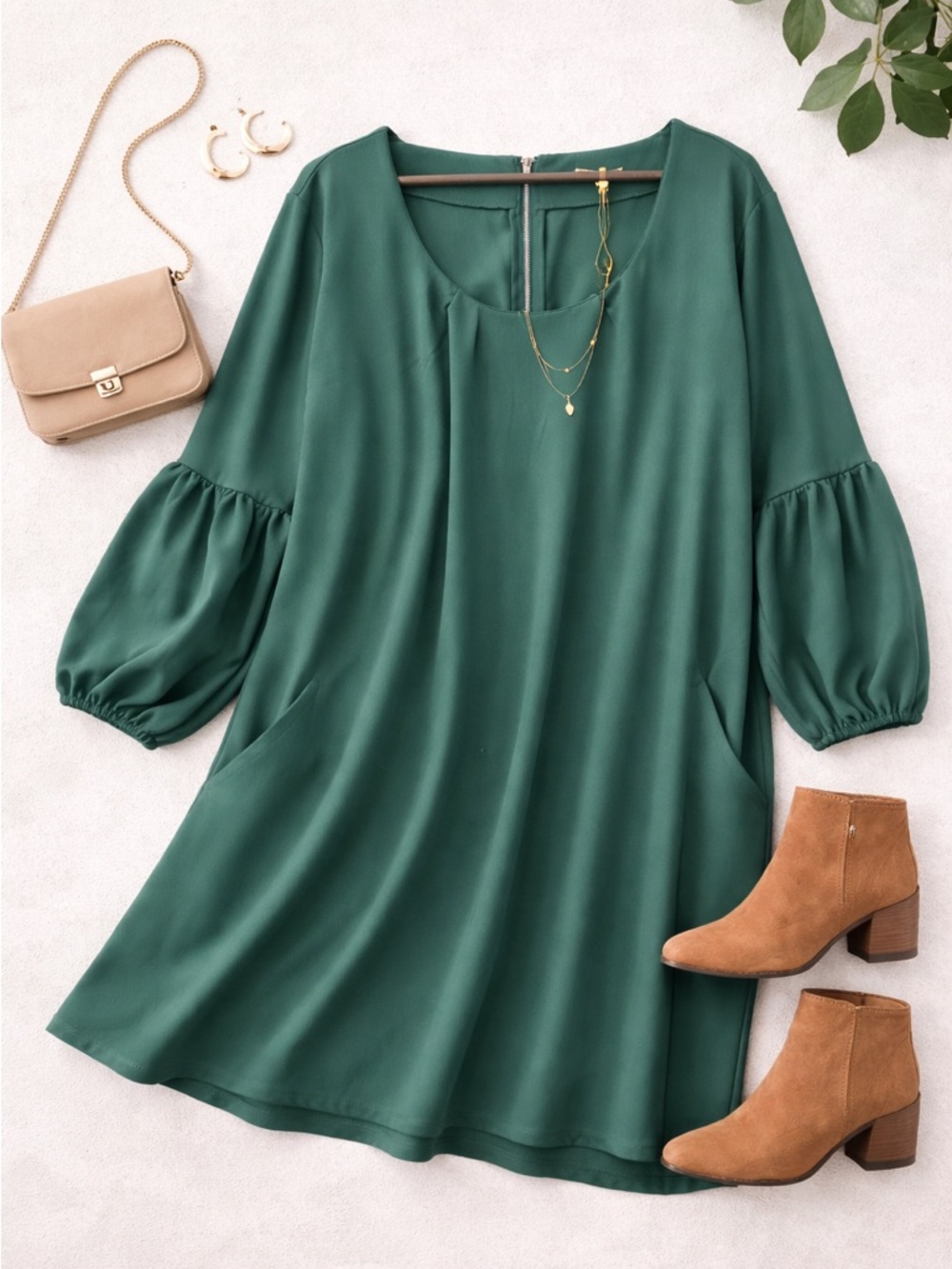 Standards Practices Emerald Green Boho Swing Dress Balloon Sleeve Plus 3X C35